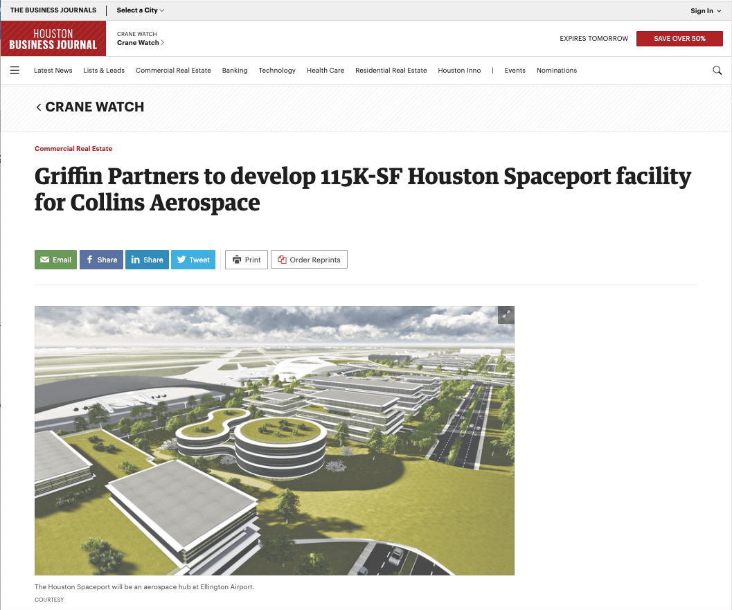 Griffin Partners to develop 115K-SF Houston Spaceport facility for Collins Aerospace