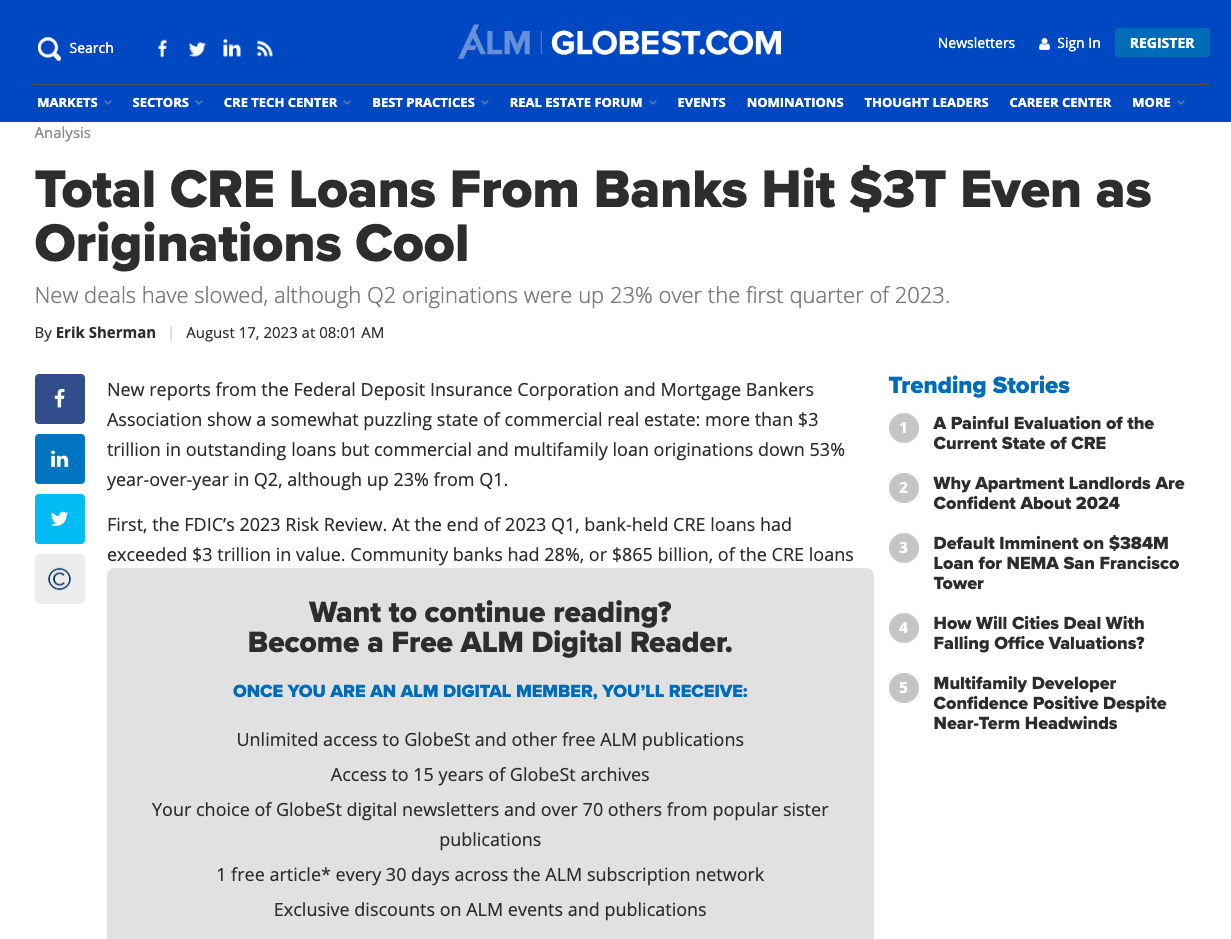 Total CRE Loans From Banks Hit $3T Even as Originations Cool