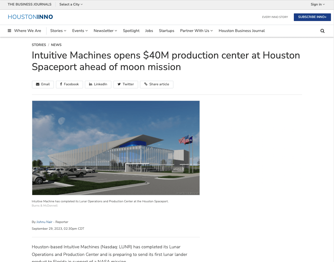 Intuitive Machines opens $40M production center at Houston Spaceport ahead of moon mission