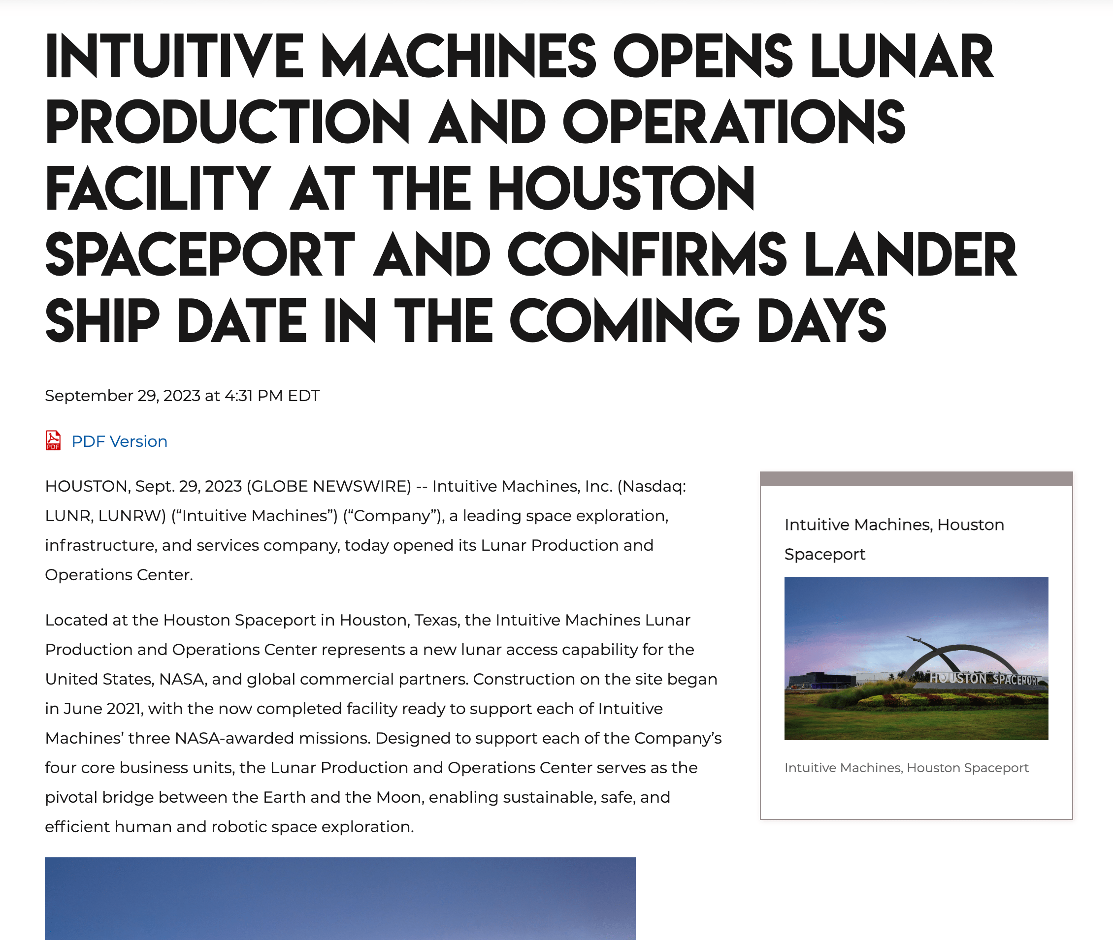 Intuitive Machines Opens Lunar Production and Operations Facility at the Houston Spaceport